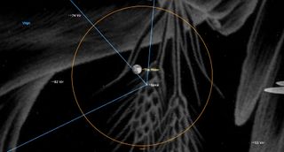 a large yellow line circles some giant transparent wheat held by something out of frame. the moon and spica are inside the circle. three blue lines project slanted downward left, upward left, and just right of center.