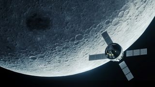 the orion spacecraft above the moon