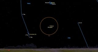 a yellow circle hangs in the night sky in the center. It surrounds dots labeled uranus and jupiter. on either side, thin blue lines trace a few stars vertically.