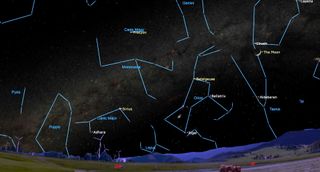 the milky way streaks across upward from the left. thin blue lines trace stars to show constellations, prominently, orion, monoceras, canis major and taurus.