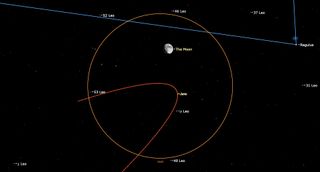 a large yellow circle traces around the moon, with an orange arch intersecting the circle bottom left.