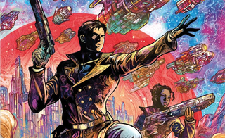 A space smuggler in a brown coat with colorful spaceships in the background